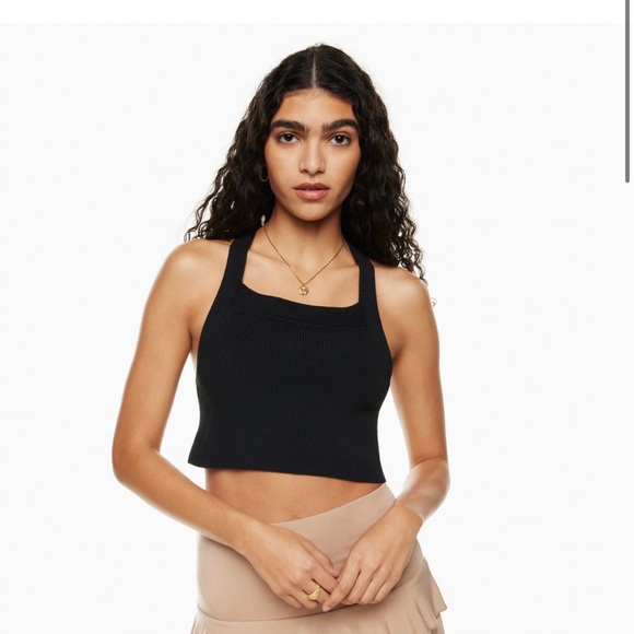 Aritzia Cayenne Black Ribbed Knit Tie-Front Top - Picture 2 of 5